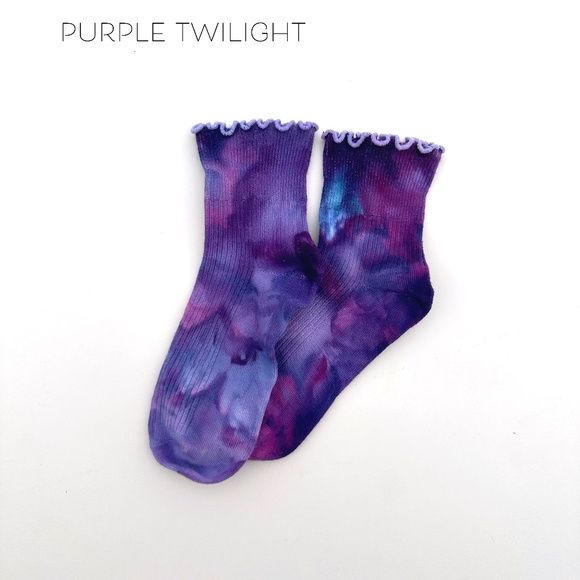 Purple Twilight Ruffle Socks Violet Womens Tie Dye Socks Ice Dye Hand Dyed… - Picture 1 of 4